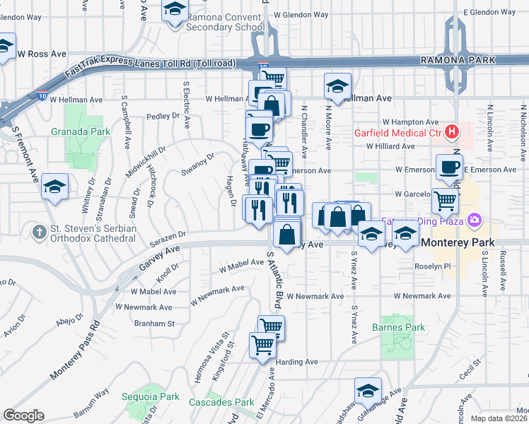 map of restaurants, bars, coffee shops, grocery stores, and more near 771 West Garvey Avenue in Monterey Park