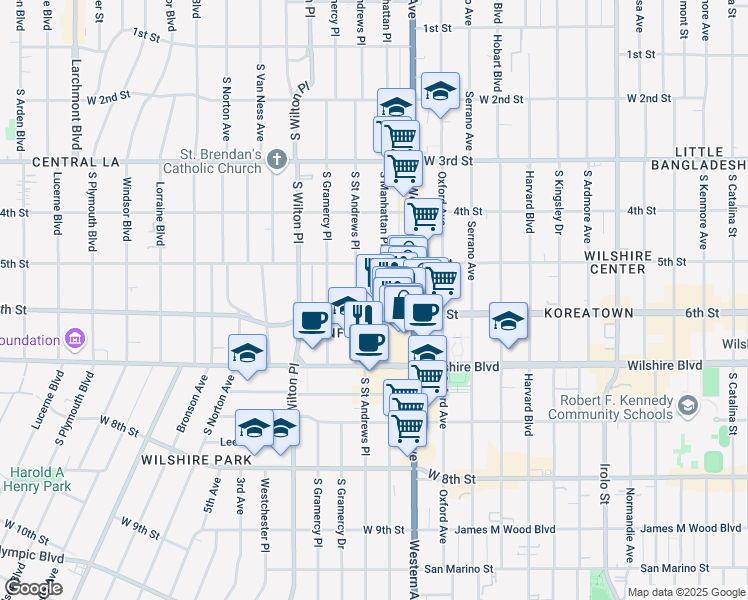 map of restaurants, bars, coffee shops, grocery stores, and more near 545 South Manhattan Place in Los Angeles