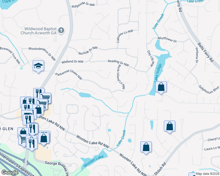 map of restaurants, bars, coffee shops, grocery stores, and more near 1238 Parkwood Chase Northwest in Acworth