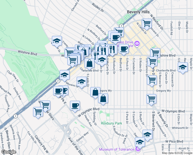 map of restaurants, bars, coffee shops, grocery stores, and more near 222 South Spalding Drive in Beverly Hills
