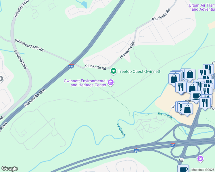 map of restaurants, bars, coffee shops, grocery stores, and more near 2020 Clean Water Drive in Buford