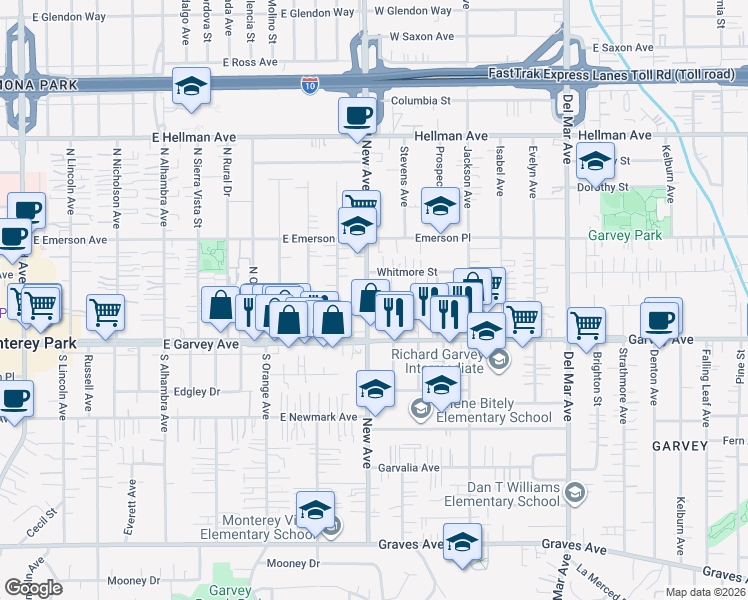 map of restaurants, bars, coffee shops, grocery stores, and more near 126 North New Avenue in Monterey Park