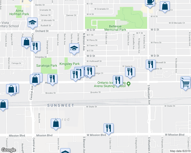 map of restaurants, bars, coffee shops, grocery stores, and more near 1455 West Stoneridge Court in Ontario