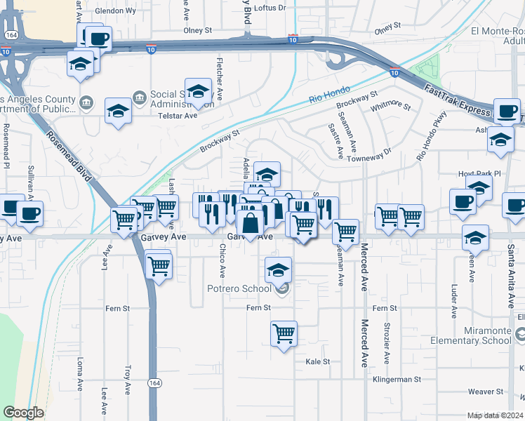 map of restaurants, bars, coffee shops, grocery stores, and more near 9724 Cortada Street in El Monte