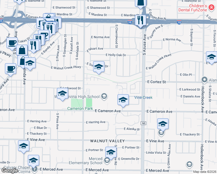 map of restaurants, bars, coffee shops, grocery stores, and more near 1538 East Larkwood Street in West Covina