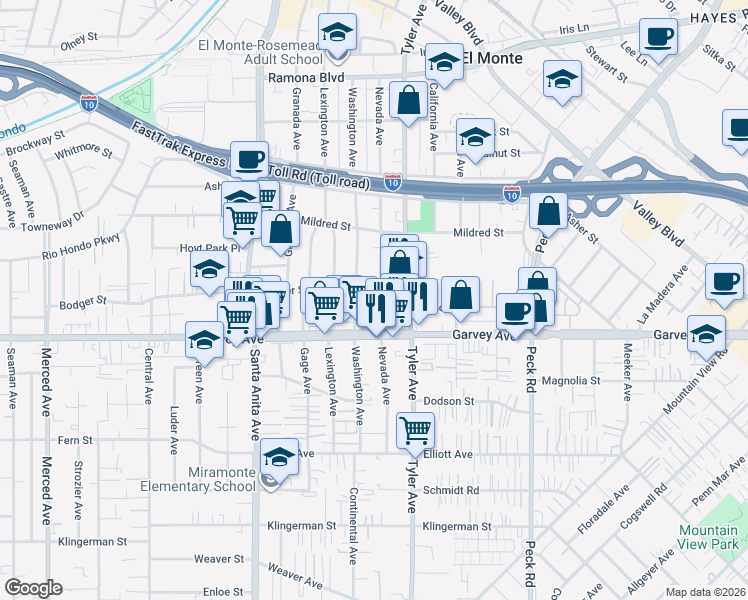 map of restaurants, bars, coffee shops, grocery stores, and more near 3043 Nevada Avenue in El Monte