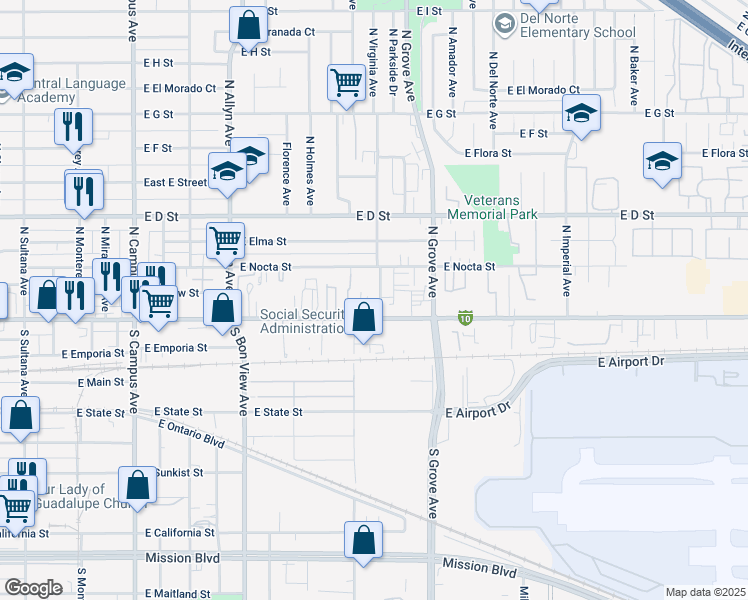 map of restaurants, bars, coffee shops, grocery stores, and more near 105 North Virginia Avenue in Ontario