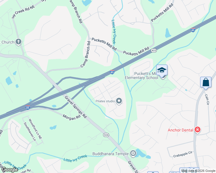 map of restaurants, bars, coffee shops, grocery stores, and more near 2707 Morgan Glen Road Northeast in Buford