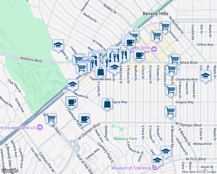 map of restaurants, bars, coffee shops, grocery stores, and more near 222 South Spalding Drive in Beverly Hills