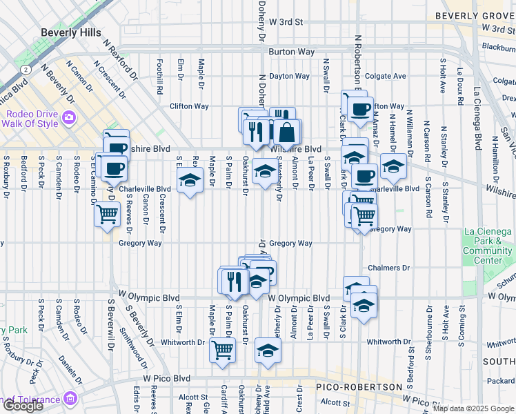 map of restaurants, bars, coffee shops, grocery stores, and more near 221 South Doheny Drive in Beverly Hills