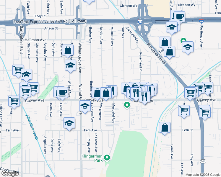 map of restaurants, bars, coffee shops, grocery stores, and more near 3026 Muscatel Avenue in Rosemead