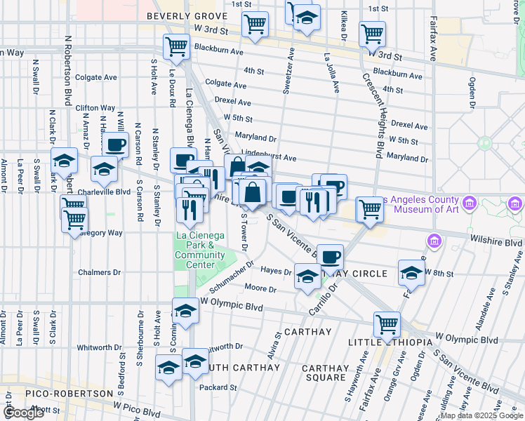 map of restaurants, bars, coffee shops, grocery stores, and more near Wilshire Boulevard in Los Angeles County