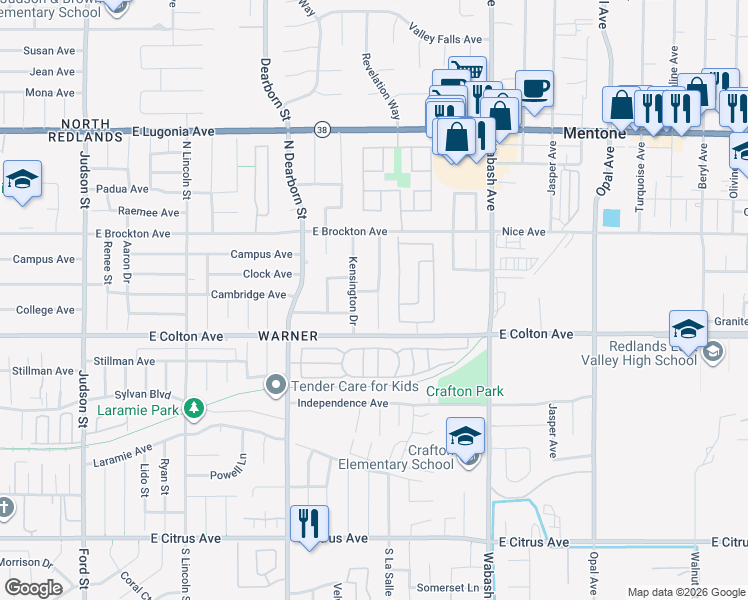 map of restaurants, bars, coffee shops, grocery stores, and more near 1658 Menlo Avenue in Redlands