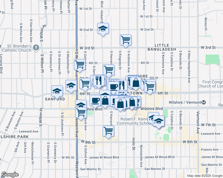 map of restaurants, bars, coffee shops, grocery stores, and more near 549 South Harvard Boulevard in Los Angeles