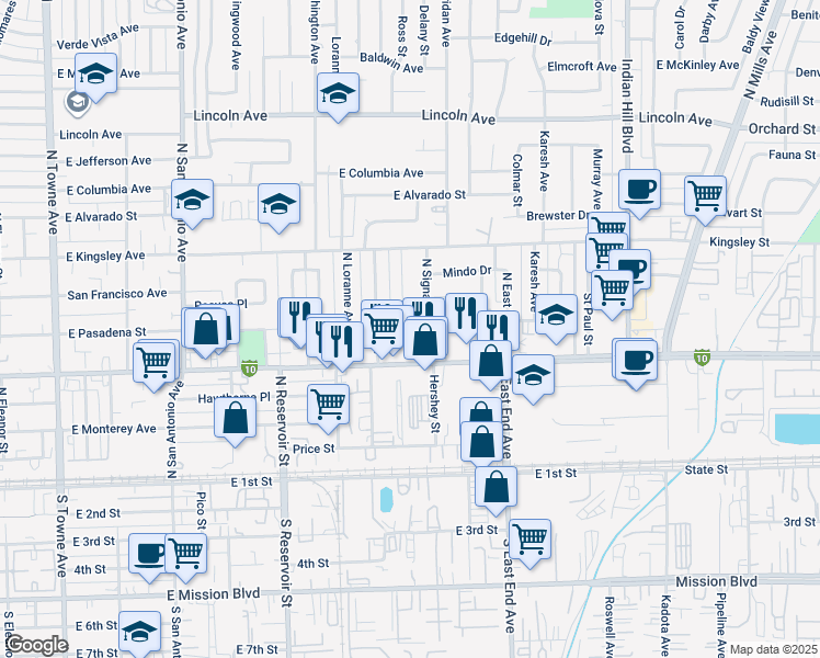map of restaurants, bars, coffee shops, grocery stores, and more near 1129 1/2 East Pasadena Street in Pomona