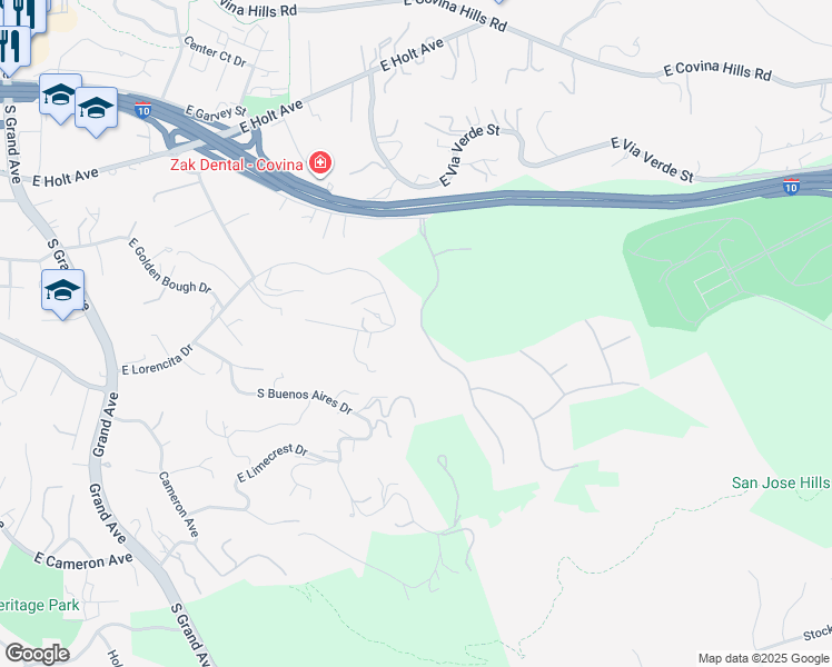 map of restaurants, bars, coffee shops, grocery stores, and more near 2651 Palomino Drive in Covina