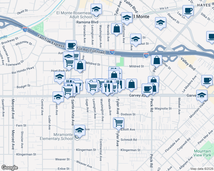 map of restaurants, bars, coffee shops, grocery stores, and more near 3043 Nevada Avenue in El Monte