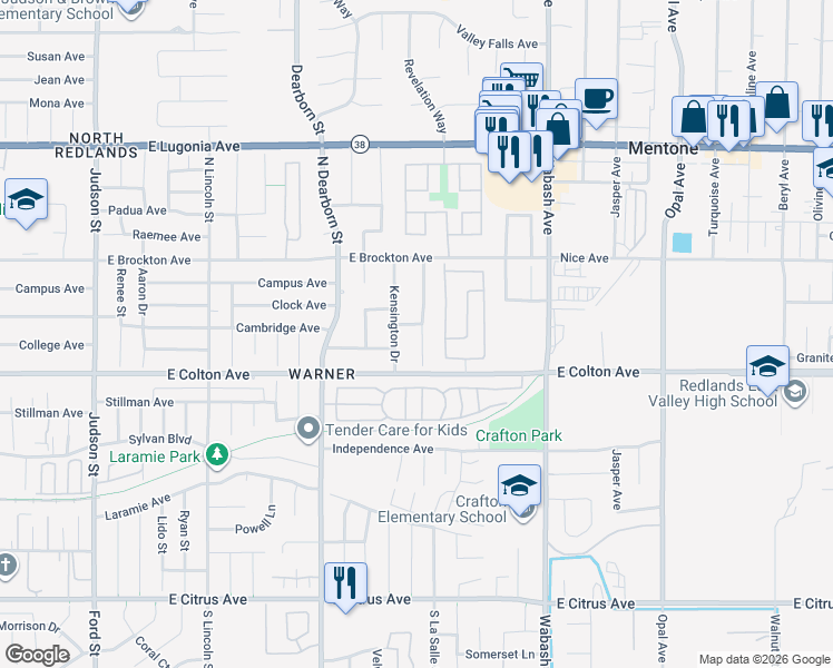 map of restaurants, bars, coffee shops, grocery stores, and more near 1658 Menlo Avenue in Redlands