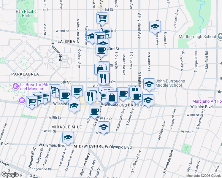 map of restaurants, bars, coffee shops, grocery stores, and more near 628 South Sycamore Avenue in Los Angeles