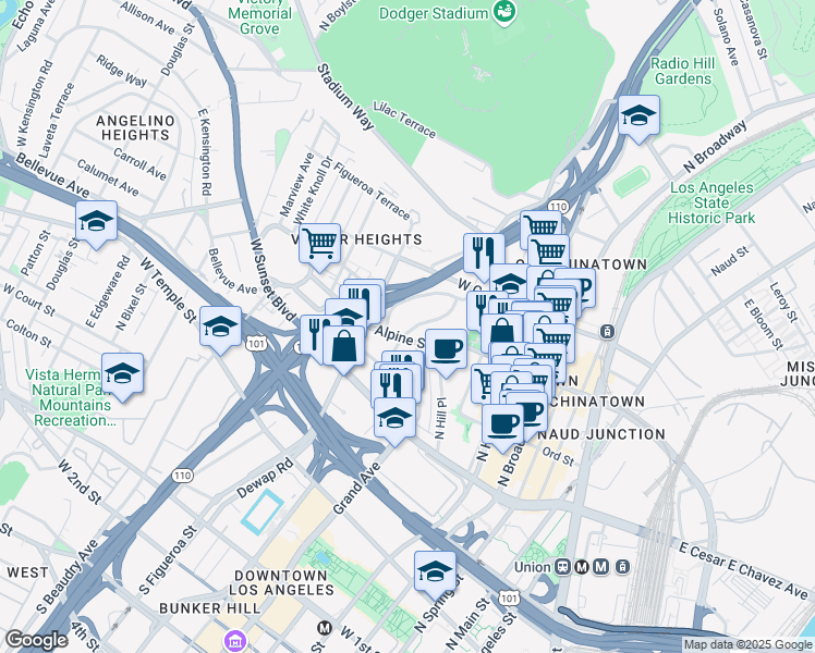 map of restaurants, bars, coffee shops, grocery stores, and more near 811 North Bunker Hill Avenue in Los Angeles