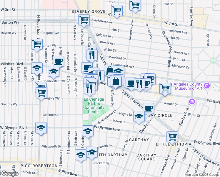 map of restaurants, bars, coffee shops, grocery stores, and more near 218 South Gale Drive in Beverly Hills