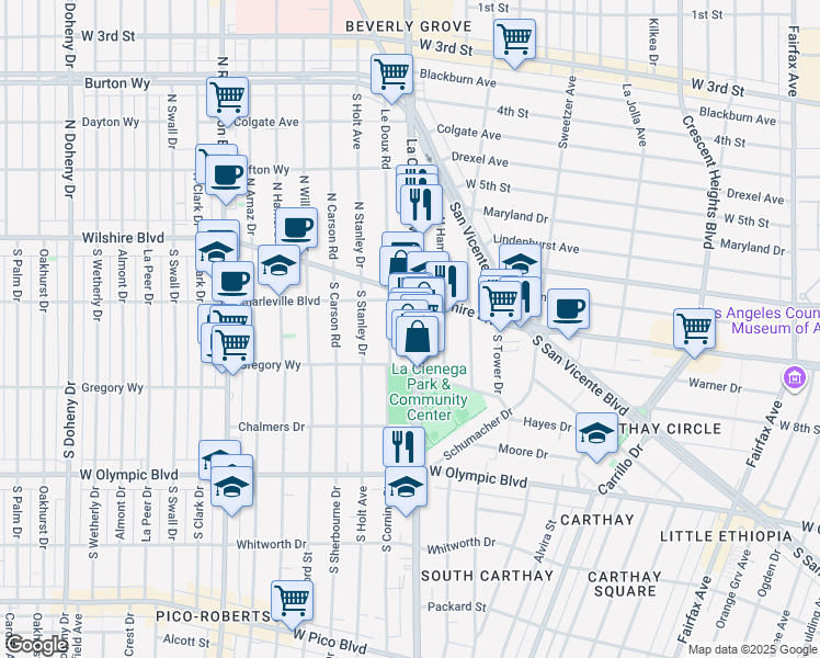map of restaurants, bars, coffee shops, grocery stores, and more near 220 Le Doux Road in Beverly Hills