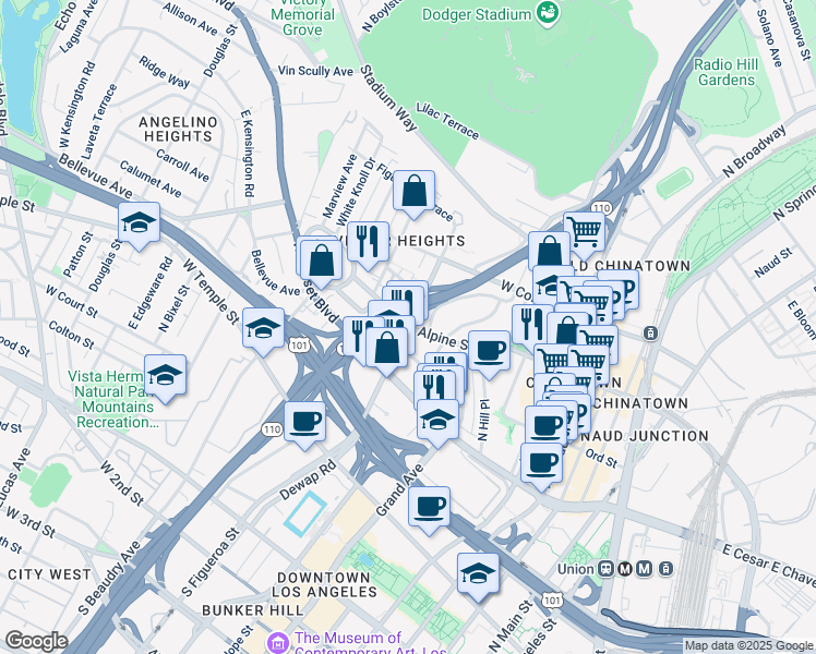 map of restaurants, bars, coffee shops, grocery stores, and more near Alpine St & N Figueroa St in Los Angeles