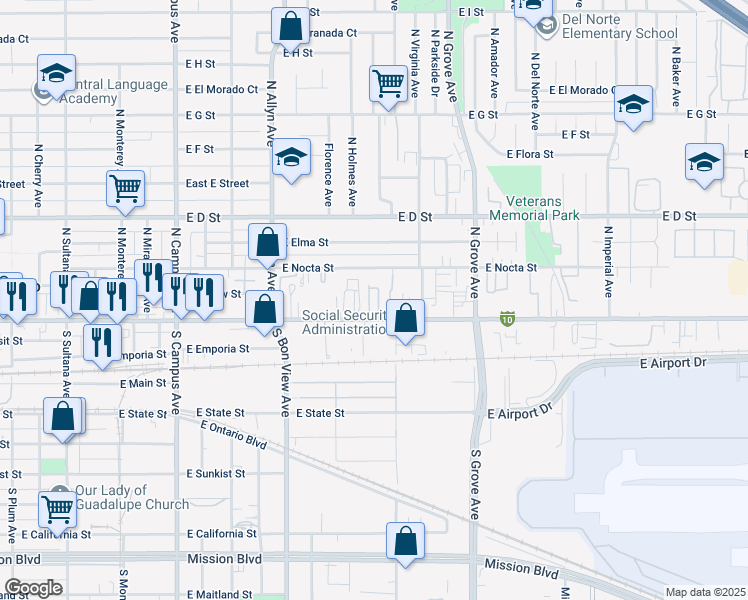 map of restaurants, bars, coffee shops, grocery stores, and more near 1067 East Holt Boulevard in Ontario