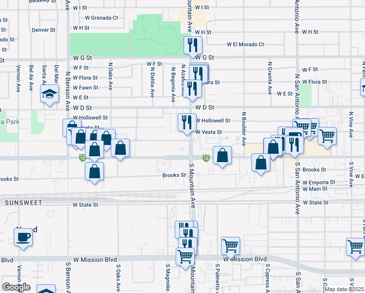 map of restaurants, bars, coffee shops, grocery stores, and more near 1100 West Holt Boulevard in Ontario