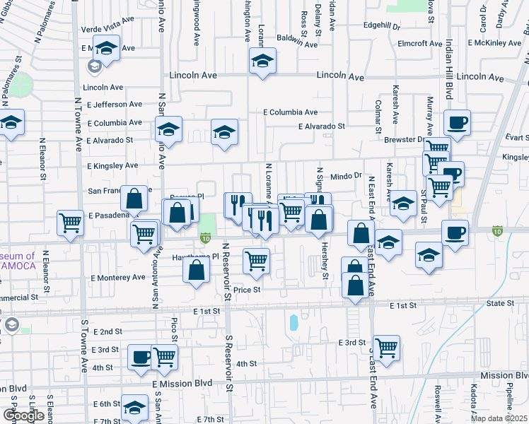 map of restaurants, bars, coffee shops, grocery stores, and more near 625 Loranne Avenue in Pomona