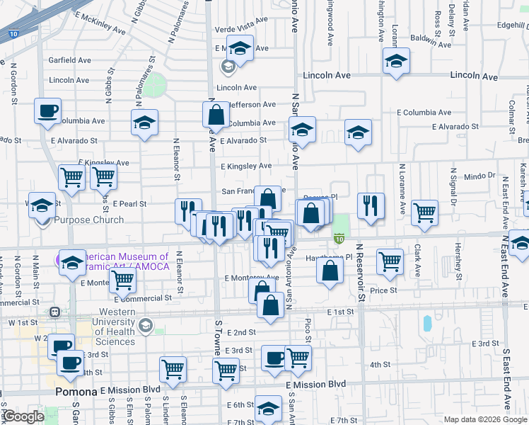 map of restaurants, bars, coffee shops, grocery stores, and more near 601 East Holt Avenue in Pomona