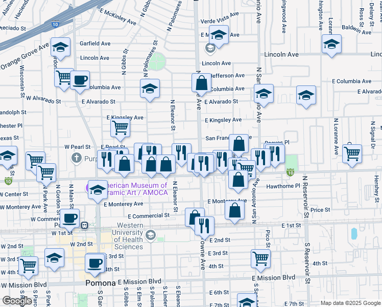 map of restaurants, bars, coffee shops, grocery stores, and more near 450 East Pasadena Street in Pomona