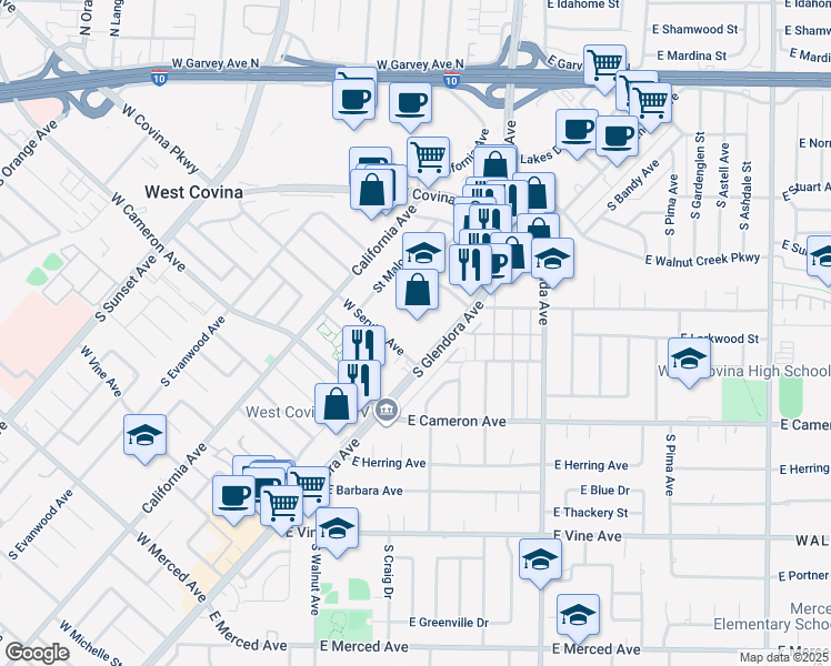 map of restaurants, bars, coffee shops, grocery stores, and more near 675 South Glendora Avenue in West Covina