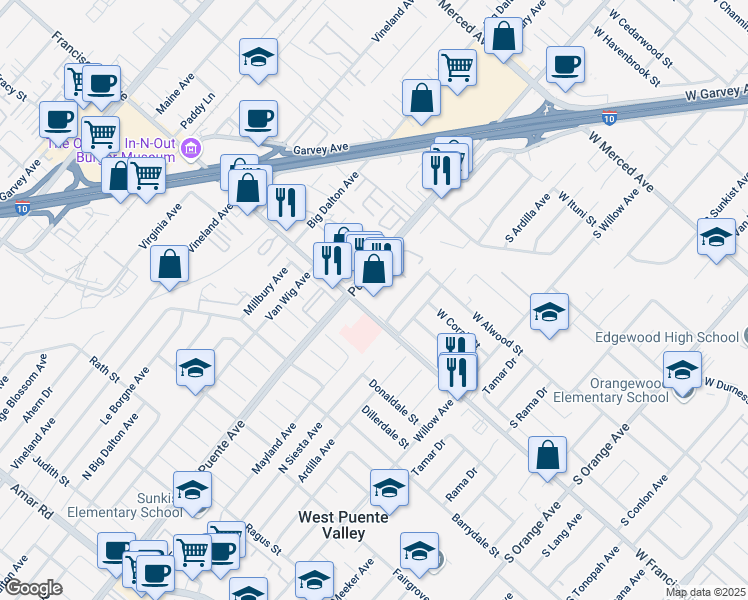 map of restaurants, bars, coffee shops, grocery stores, and more near 14148 Francisquito Avenue in Baldwin Park