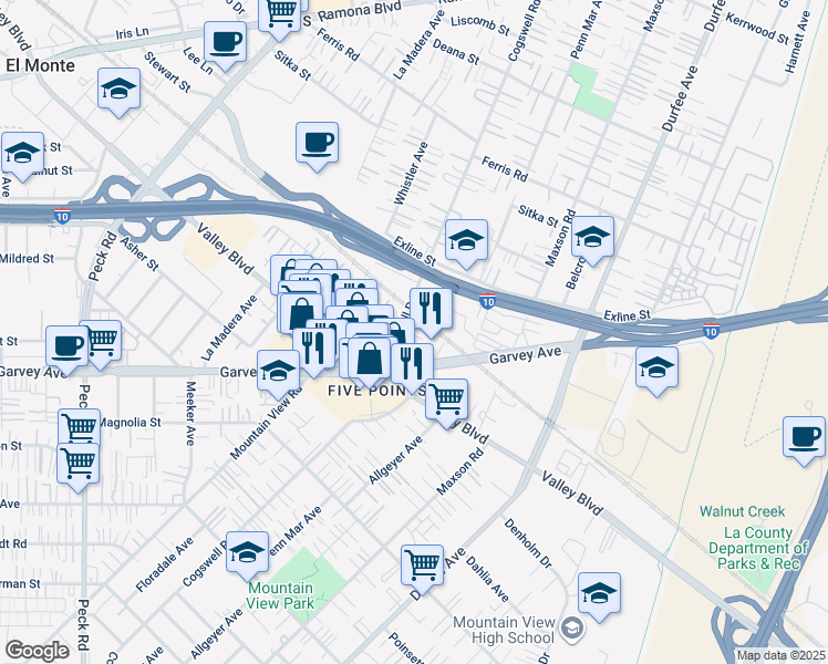 map of restaurants, bars, coffee shops, grocery stores, and more near 12051 Garvey Avenue in El Monte