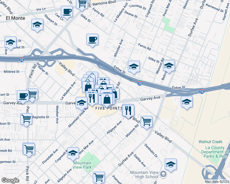 map of restaurants, bars, coffee shops, grocery stores, and more near 12051 Garvey Avenue in El Monte
