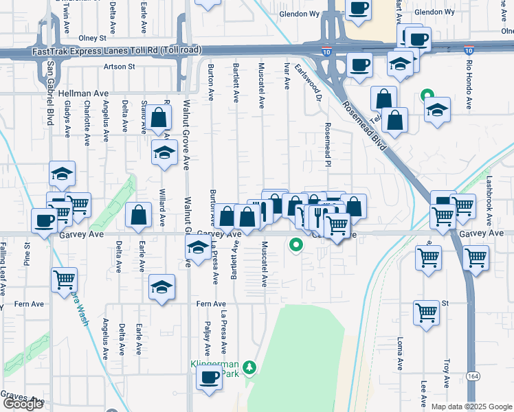 map of restaurants, bars, coffee shops, grocery stores, and more near 3026 Muscatel Avenue in Rosemead