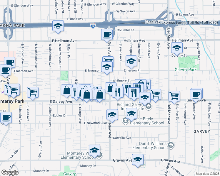 map of restaurants, bars, coffee shops, grocery stores, and more near 123 New Avenue in Monterey Park