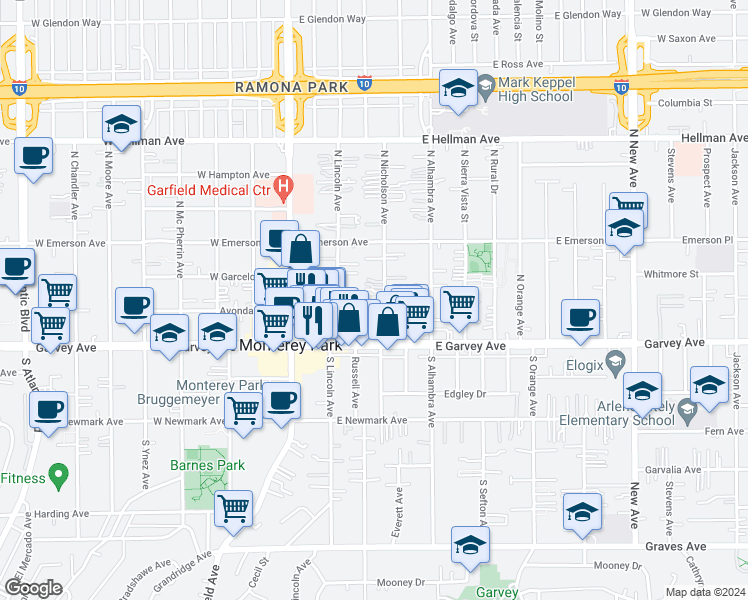map of restaurants, bars, coffee shops, grocery stores, and more near 123 North Nicholson Avenue in Monterey Park