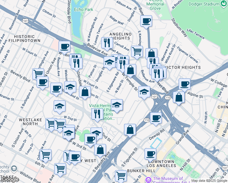 map of restaurants, bars, coffee shops, grocery stores, and more near 1246 West Court Street in Los Angeles