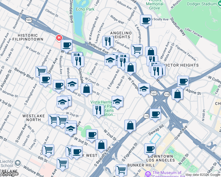 map of restaurants, bars, coffee shops, grocery stores, and more near 1246 West Court Street in Los Angeles
