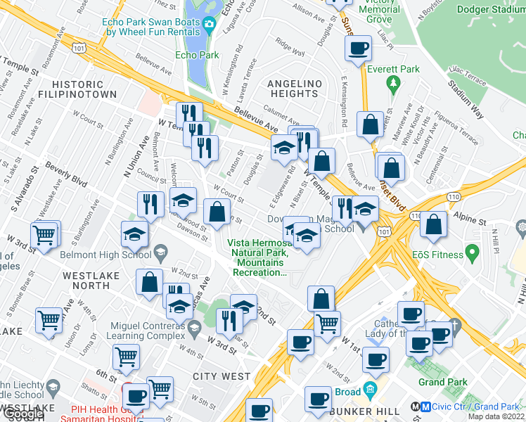 map of restaurants, bars, coffee shops, grocery stores, and more near 1319 Colton Street in Los Angeles