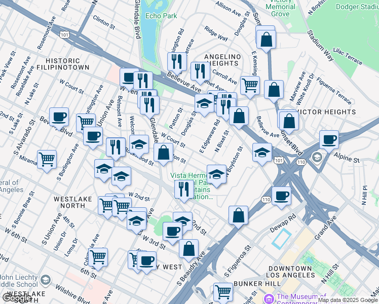 map of restaurants, bars, coffee shops, grocery stores, and more near 1319 Colton Street in Los Angeles