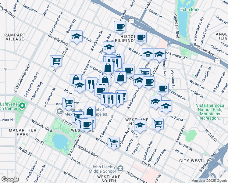 map of restaurants, bars, coffee shops, grocery stores, and more near 257 South Westlake Avenue in Los Angeles