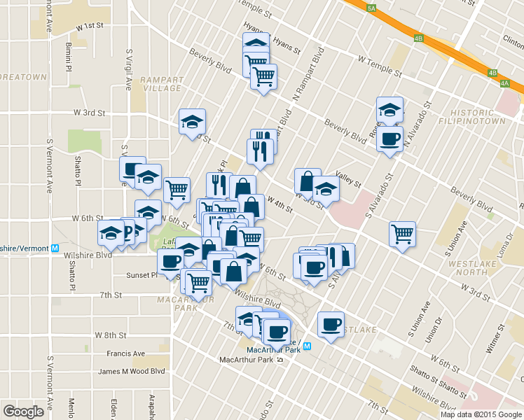 map of restaurants, bars, coffee shops, grocery stores, and more near 2536 West 5th Street in Los Angeles