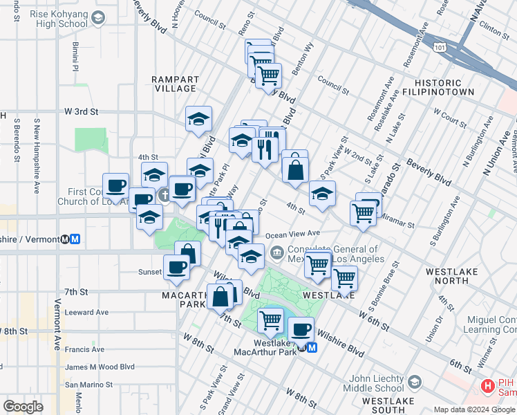 map of restaurants, bars, coffee shops, grocery stores, and more near 517 South Coronado Street in Los Angeles