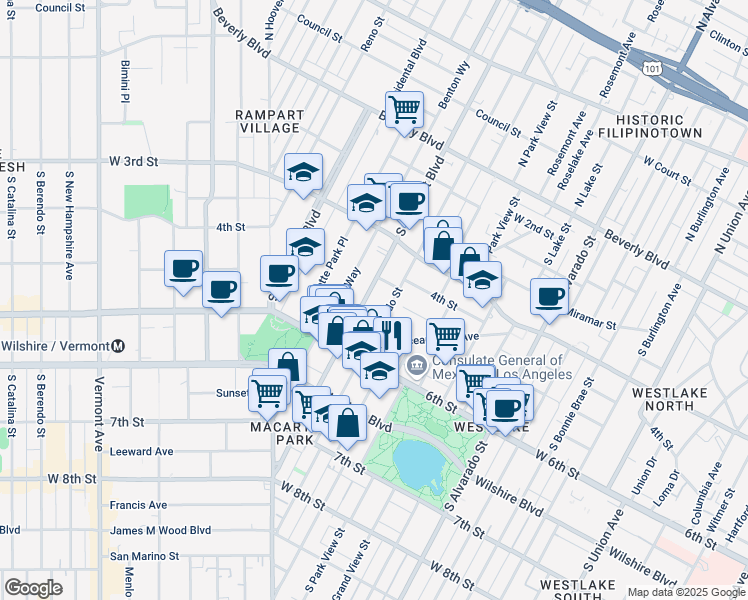map of restaurants, bars, coffee shops, grocery stores, and more near 517 South Coronado Street in Los Angeles