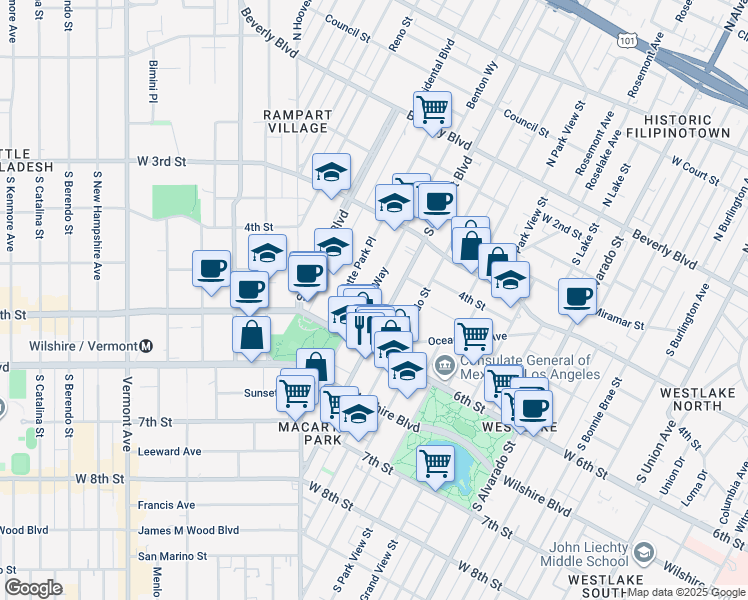map of restaurants, bars, coffee shops, grocery stores, and more near 511 South Rampart Boulevard in Los Angeles
