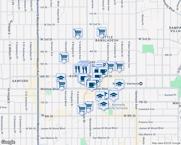 map of restaurants, bars, coffee shops, grocery stores, and more near 605 Normandie Avenue in Los Angeles
