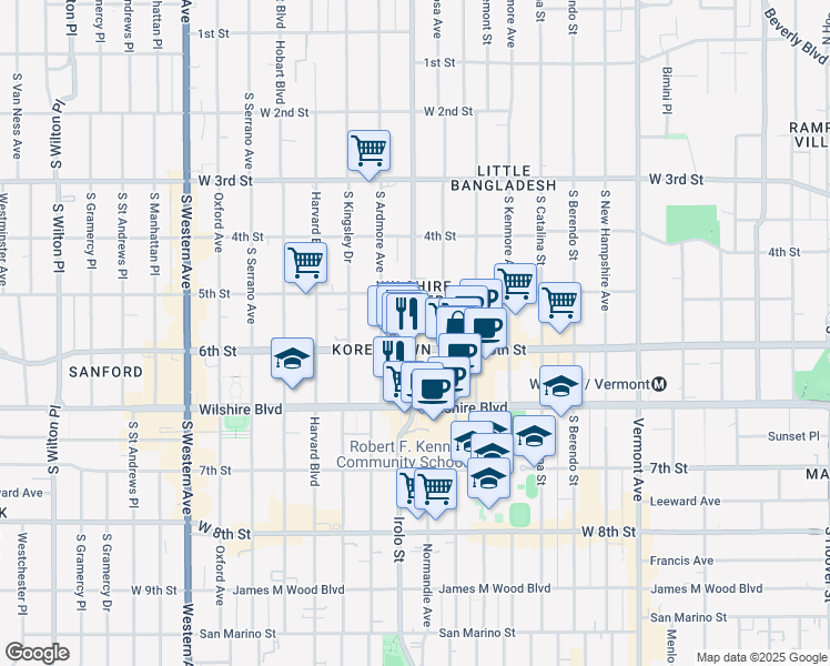 map of restaurants, bars, coffee shops, grocery stores, and more near 605 Normandie Avenue in Los Angeles